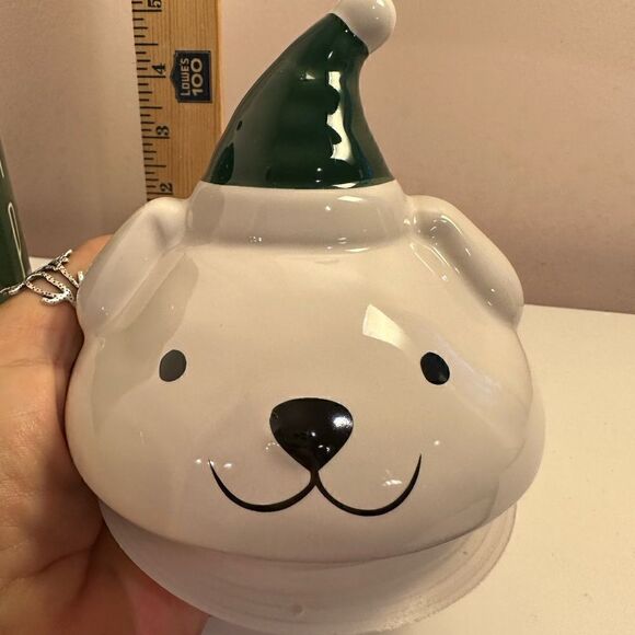 Rae Dunn SANTA PAWS Canister with Figural Dog Lid, Green and White - Picture 10 of 11